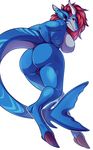  anthro areola blue_skin breasts butt cupcakedrawings ear_piercing female fish hair half-closed_eyes hooves hybrid invalid_tag kasumi_(nayami) looking_back marine nipples nude piercing red_hair shark simple_background smile solo stripes thick_thighs white_background 