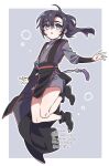  1boy :o aged_down ahoge air_bubble androgynous bare_legs black_boots black_hair black_hanfu blush boots border bubble chinese_clothes dated floating full_body grey_background hair_between_eyes hanfu highres kimako_(kimako_8) long_hair long_sleeves looking_at_viewer male_focus modao_zushi open_mouth otoko_no_ko outside_border ponytail purple_eyes sash shorts simple_background solo tassel tunic twitter_username underwater watermark wei_wuxian white_border yaopei 