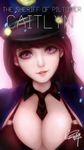  bangs black_bra black_neckwear bra breasts brown_hair buckle caitlyn_(league_of_legends) character_name cleavage detached_collar hat head_tilt large_breasts league_of_legends lipstick long_hair looking_at_viewer makeup necktie officer_caitlyn parted_lips purple_eyes short_necktie signature solo underwear upper_body zhai_xiao_fei 