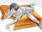  1boy blue_hair bread bread_slice butter_knife commentary_request food full_body hair_between_eyes hand_on_own_cheek hand_on_own_face hatemadeimym knife looking_at_viewer lying male_focus meguriya_ayumu on_food on_stomach oversized_food oversized_object pants shirt shoes short_hair smile solo toast toshi_densetsu_kaitai_center triangle_necklace twitter_username white_pants white_shirt white_shoes yellow_eyes 