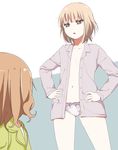  blonde_hair bow bow_panties brown_eyes brown_hair flat_chest hands_on_hips kamiki_uutarou multiple_girls navel no_bra no_pants oomuro_nadeshiko oomuro_sakurako open_clothes open_mouth open_shirt panties shirt short_hair siblings sisters underwear yuru_yuri 