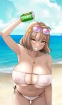  1girl absurdres ahoge anis_(nikke) anis_(sparkling_summer)_(nikke) arm_up aviator_sunglasses bare_shoulders bikini blush breasts brown_hair can cleavage collarbone covered_nipples drink_can eyepatch_bikini eyewear_on_head goddess_of_victory:_nikke grin highres jewelry large_breasts looking_at_viewer navel necklace pink-tinted_eyewear raskasar short_hair smile soda_can solo star_(symbol) star_necklace sunglasses swimsuit thighs tinted_eyewear white_bikini yellow_eyes 