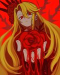  11230kingyo 1girl absurdres black_crown blonde_hair coat collared_shirt crown don_quixote_(project_moon) flower gem hair_flower hair_ornament head_spikes highres limbus_company long_hair looking_at_viewer project_moon red_background red_coat red_eyes red_flower red_gemstone red_rose rose sancho_(project_moon) shirt simple_background slit_pupils solo upper_body white_shirt yearning-mircalla_(e.g.o) 