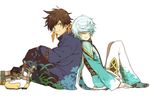  back-to-back boots brown_hair closed_eyes green_eyes male_focus mikleo_(tales) multiple_boys shimotsuki_(kukiwakame35) sitting smile sorey_(tales) tales_of_(series) tales_of_zestiria white_hair 