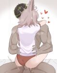  1boy 1girl absurdres alternate_costume animal_ears arms_around_neck blue_archive brown_hair buruma dark-skinned_male dark_skin fox_ears fox_girl green_halo gym_uniform halo hands_on_another&#039;s_hips highres long_braid long_hair makura_u9b otogi_(blue_archive) red_buruma sensei_(blue_archive) sex simple_background 