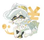  1girl bare_shoulders commentary_request detached_collar earrings eyelashes gesture gloves grin hat hotaru_(splatoon) jewelry looking_at_viewer mebuita mole mole_under_eye money money_gesture official_style parted_lips pointy_ears sharp_teeth smile solo splatoon_(series) splatoon_1 teeth tentacle_hair white_hair yellow_eyes yen_sign 