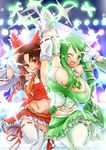  areola_slip areolae armpits benikurage breasts brown_eyes brown_hair cookie_(touhou) detached_sleeves green_eyes green_hair hakurei_reimu highres idol kochiya_sanae large_breasts leg_lift miniskirt multiple_girls navel necktie otemoto_(baaaaloooo) paseri_(cookie) skirt symmetrical_pose thighhighs touhou v white_legwear 