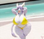 3d_(artwork) absurd_res alpha_channel anthro barbel_(anatomy) beach beach_background big_breasts bikini bikini_bottom bikini_top blender_(artwork) blurred_background bottomwear breasts claws clothed clothed_anthro clothed_female clothing digital_media_(artwork) dragon eastern_dragon eyebrows eyelashes female female_anthro flesh_whiskers food food_in_mouth fur furred_dragon furred_scalie glowing glowing_horn hair hand_behind_head hi_res horn huge_breasts kazumi_tatsuo latiospegasus long_hair long_tail looking_at_viewer markings mythological_creature mythological_scalie mythology partially_clothed popsicle purple_body purple_claws purple_fur purple_hair sand scalie sea simple_background solo standing star_(marking) straight_hair swimwear tail tail_tuft thick_thighs topwear transparent_background tuft two-piece_swimsuit water watermark wave yellow_clothes yellow_clothing