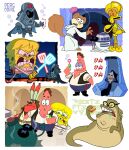  1girl 6+boys artist_name black_vest brown_fur bubble_bass burger c-3po c-3po_(cosplay) colored_skin commentary cosplay crossover dress english_commentary food han_solo han_solo_(cosplay) highres holding holding_burger holding_food holding_spatula long_dress mr._krabs multiple_boys multiple_views open_clothes open_vest patrick_star percodine pink_skin princess_leia princess_leia_(cosplay) sandy_cheeks shirt spatula spongebob_squarepants spongebob_squarepants_(series) squidward_tentacles squirrel_girl squirrel_tail star_wars tail toon_(style) vest white_dress white_shirt 