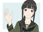  amino_(tn7135) bad_id bad_pixiv_id bangs black_eyes black_hair blunt_bangs braid hair_over_shoulder kantai_collection kitakami_(kantai_collection) long_hair school_uniform serafuku single_braid smile solo waving 