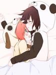  akaza_akari animal_costume bafarin blanket blush brown_hair couple dog_costume funami_yui lying multiple_girls on_side open_mouth pajamas panda_costume parted_lips purple_eyes red_hair sleeping sweatdrop wavy_mouth yuri yuru_yuri 