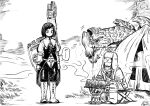 1boy 1girl boots camping cooking food glasses grilling gunlance gypceros hat highres igawa20000volt meat monochrome monster_hunter_(character) monster_hunter_(series) monster_hunter_wilds outdoors portable_stove round_eyewear scar scar_on_cheek scar_on_face shield sitting standing stomach_growling tent ushanka weapon weapon_on_back 