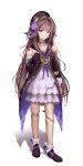  1girl absurdres ankle_boots argyle_clothes argyle_dress arm_at_side arm_behind_back beret black_hat black_sailor_collar block_heels boots brown_boots brown_hair chain choker clematis_(flower) closed_mouth clothing_cutout collarbone comiket_106 contrapposto doll_joints dress etora_eto expressionless fingernails flower full_body hair_flower hair_intakes hair_ornament hair_ribbon hand_on_own_arm hat herta_(honkai:_star_rail) herta_(puppet)_(honkai:_star_rail) high-low_dress highres honkai:_star_rail honkai_(series) joints key key_choker keyhole layered_dress light_blush lock long_hair long_sleeves looking_at_viewer merchandise_available nail_polish padlock purple_choker purple_eyes purple_nails purple_ribbon ribbon sailor_collar sailor_dress shadow short_dress shoulder_cutout simple_background standing tachi-e two-sided_fabric two-tone_ribbon variant_set white_background white_dress 