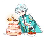  blush bowl cake food fruit long_sleeves male_focus mikleo_(tales) parted_lips plate red_eyes silver_hair solo strawberry sweatdrop table tales_of_(series) tales_of_zestiria yanzhan 