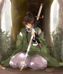  bridal_gauntlets brown_hair forest grey_eyes hat ishikirimaru japanese_clothes male_focus nature ootachi seiza shine5s sitting smile solo sword touken_ranbu tree weapon 