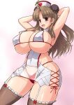  1girl :d armpits arms_up black_hair breasts brown_eyes brown_hair bun_cover cleavage covered_navel curvy double_bun dress garter_straps gradient_background hair_bun hat highres large_breasts long_hair nurse nurse_cap panties parted_bangs pink_background raochuu red_panties renka_(senran_kagura) revealing_clothes senran_kagura senran_kagura_burst_re:newal senran_kagura_estival_versus senran_kagura_shinovi_versus sidelocks skindentation smile standing thick_thighs thighs underwear white_dress white_garter_straps wide_hips 