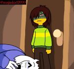 angry anthro blush boss_monster_(undertale) clothing deltarune disgust door door_handle doorknob drunk eyewear female fist frustrated glasses hair hate horn human kris_(deltarune) laugh majinkid2099 male mammal pattern_clothing red_eyes shadowed_eyes short_hair striped_clothing stripes substance_intoxication toriel undertale_(series)