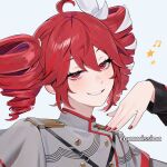  1girl adversarial_noise ahoge black_sleeve_cuffs bow buttons commentary commission double-breasted double-parted_bangs drill_hair english_commentary fingernails green_eyes grey_background hair_between_eyes hair_bow hair_ribbon hand_up kasane_teto kasane_teto_(sv) lavelis looking_at_viewer musical_note musical_staff musical_staff_print red_eyes red_hair red_nails red_trim ribbon shoulder_belt shoulder_boards simple_background solo star_(symbol) synthesizer_v twin_drills upper_body utau white_bow white_ribbon 