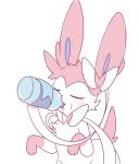 blush bottle bow_(anatomy) bow_(feature) catedging container drinking eeveelution eyes_closed female feral fur generation_6_pokemon hydration nintendo pink_body pink_fur pokemon pokemon_(species) ribbons_(anatomy) simple_background solo sylveon tendrils water water_bottle white_background white_body white_fur