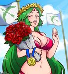  akairiot bangs bikini blush bouquet breasts closed_eyes commentary flag flagpole flower forehead_jewel goddess green_hair highres kid_icarus large_breasts laurel_crown long_hair medal navel palutena parted_bangs rose smile solo super_smash_bros. swept_bangs swimsuit very_long_hair 