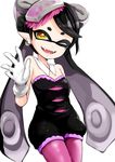  1girl akira_ry0 aori_(splatoon) bad_id bad_pixiv_id black_hair brown_eyes commentary cowboy_shot detached_collar domino_mask earrings fangs food food_on_head gloves jewelry long_hair mask mole mole_under_eye object_on_head one_eye_closed open_mouth pantyhose pointy_ears short_jumpsuit smile solo splatoon_(series) splatoon_1 standing strapless tentacle_hair white_background white_gloves 