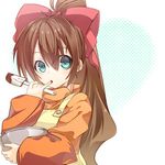  apron bow bowl brown_hair chocolate hair_bow itsumi1021 long_hair mixing_bowl orange_shirt ponytail red_bow scryed shirt solo spatula tasting yuuta_kanami 