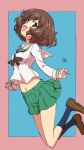  1girl :d akiyama_yukari artist_name black_neckerchief black_socks blouse blue_background border brown_eyes brown_hair brown_shoes erakin full_body girls_und_panzer green_skirt highres jumping legs_up loafers long_sleeves looking_at_viewer messy_hair midriff miniskirt navel neckerchief ooarai_school_uniform open_mouth outside_border pink_border pleated_skirt sailor_collar school_uniform serafuku shirt shoes short_hair signature sketch skirt smile socks solo white_sailor_collar white_shirt 