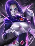  banned_artist belt bird breasts cape corset dc_comics forehead_jewel grey_skin highres large_breasts leotard nipples purple_eyes purple_hair raven_(animal) raven_(dc) sakimichan short_hair solo teen_titans 