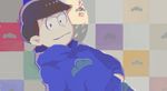  character_name checkered checkered_background dutch_angle hands_in_pockets hood hoodie male_focus matsu_symbol matsuno_karamatsu nomiko_524 osomatsu-kun osomatsu-san smile solo upper_body 