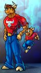  biceps bovine brown_hair cattle clothing colored comparing cub digital_media_(artwork) duo duo_focus ear_piercing group hair happy jeans looking_at_viewer magolobo male mammal muscular muscular_male pants pecs pepe_toro_(magolobo) piercing pose smirk standing tight_clothing young 
