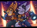 2025 4:3 anthro belt clothing cybernetic_arm cybernetic_limb drawmatt duo ear_piercing ear_ring eyebrows eyewear eyewear_on_head faceless_character female fur gloves goggles goggles_on_head green_eyes hammer handwear hi_res lombax male mammal omniwrench piercing ratchet_(ratchet_and_clank) ratchet_and_clank ring_piercing rivet_(ratchet_and_clank) scarf smile sony_corporation sony_interactive_entertainment striped_body striped_fur stripes tools white_body white_fur yellow_body yellow_fur