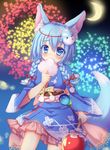  animal_ears blue_eyes blue_hair braid candy_apple cotton_candy crescent_moon eating fireworks food food_on_face frilled_kimono frills highres japanese_clothes kimono koyomi_(shironeko_project) mask moon nagare_yoshimi obi sash shironeko_project short_hair solo tail twin_braids wolf_ears wolf_tail 