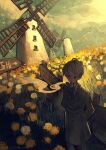  1boy absurdres ahoge arrow_(symbol) bright_pupils brown_coat brown_eyes brown_pants building cloud cloudy_sky coat collared_shirt commentary_request cowboy_shot dandelion dandelion_seed dated dress_shirt fence field flower flower_field hands_in_pockets highres jimini_shijimi original pants pipe_in_mouth scenery shirt short_hair sign sky smoking smoking_pipe solo standing trench_coat white-haired_man_(jimini_shijimi) white_flower white_hair white_pupils white_shirt windmill wooden_fence yellow_flower 