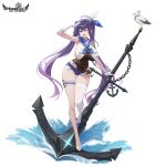  1girl anchor anchor_hat_ornament belt bird biya_(1024) black_belt blue_eyes blue_ribbon blue_sailor_collar blue_shoes blue_shorts breast_curtains breasts chain covered_navel fang gloves hat hat_ornament highres holding holding_anchor large_breasts leotard long_hair micro_shorts one_eye_closed purple_hair ribbon sailor_collar salute seagull seven_knights shoes shorts single_glove single_thighhigh single_wrist_cuff skin_fang solo thigh_strap thighhighs twintails white_gloves white_hat white_ribbon white_shoes white_thighhighs white_wrist_cuffs wrist_cuffs yuna_(biya_(1024)) 