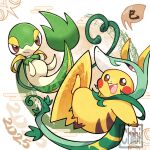  2025 animal_focus brown_eyes chinese_zodiac cosplay egasumi full_body no_humans open_mouth pikachu pokemon pokemon_(creature) serperior serperior_(cosplay) seviper snivy tomato_mameta white_background year_of_the_snake 