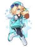  1girl aqua_jacket backwards_hat black_leggings black_tank_top blonde_hair blue_eyes boots earrings eyewear_on_head fingerless_gloves gloves hair_over_one_eye hat highres jacket jewelry leggings long_hair mario_(series) mario_kart mario_kart_world official_alternate_costume ponytail rosalina rosalina_(touring) sandragh solo star_(symbol) star_earrings sunglasses tank_top white_boots white_gloves 