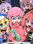  1girl 1other 3boys absurdres animal_ear_fluff animal_ears antenna_hair arizona_(drink) artist_name astolfo_(fate) blonde_hair bocchi_the_rock! bongfill breasts bridget_(guilty_gear) brown_hair can commentary crossover cube_hair_ornament fang fate_(series) felix_argyle gotoh_hitori green_eyes guilty_gear guitar_case hair_between_eyes hair_intakes hair_ornament hand_up highres holding holding_can instrument_case jacket komi-san_wa_komyushou_desu large_breasts long_sleeves looking_at_another monster_energy multiple_boys multiple_crossover no_pupils one_side_up open_mouth osana_najimi_(komi-san_wa_komyushou_desu) otoko_no_ko pink_hair pink_jacket purple_eyes purple_hair re:zero_kara_hajimeru_isekai_seikatsu red_sailor_collar sailor_collar shaded_face shirt skin_fang symbol-only_commentary thick_eyebrows track_jacket v-shaped_eyebrows white_shirt 