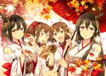  :d autumn autumn_leaves bare_shoulders black_hair breasts brown_eyes brown_hair detached_sleeves eating falling_leaves food fusou_(kantai_collection) hair_ornament hair_ribbon holding holding_leaf hyuuga_(kantai_collection) ise_(kantai_collection) japanese_clothes kantai_collection large_breasts leaf long_hair maple_leaf multiple_girls nontraditional_miko nut_(food) open_mouth oriental_umbrella parasol ponytail red_eyes ribbon sash short_hair smile sweet_potato takitarou umbrella upper_body yamashiro_(kantai_collection) 