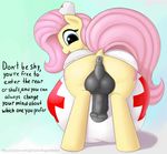  2015 animal_genitalia anus augustbebel backsack balls blue_eyes butt clothed clothing dialogue dickgirl english_text equine feral fluttershy_(mlp) friendship_is_magic hair hat horse horsecock intersex long_hair looking_back mammal my_little_pony nurse_hat open_mouth penis pink_hair pony presenting presenting_hindquarters rear_view solo text vein vore 