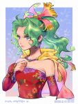  1girl bare_shoulders blue_eyes cape cropped_torso detached_sleeves dress earrings final_fantasy final_fantasy_vi floral_print gradient_cape green_hair hair_ribbon hand_on_own_chest highres jewelry long_hair official_alternate_hair_color outside_border pink_cape ponytail red_dress red_sleeves ribbon skyloop19 solo strapless terra_branford yellow_cape 