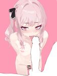  1boy 1other akiyama_mizuki arms_behind_back bar_censor blank_censor blush censored completely_nude erection fellatio flaccid from_above highres licking licking_penis looking_at_viewer navel nipples nude oral otoko_no_ko penis pink_background pink_eyes pink_hair project_sekai side_ponytail simple_background solo_focus standing sweat tongue tongue_out zhan_jie_wang 