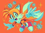  1boy animal_ears animal_nose blue_eyes body_fur commentary english_commentary fangs fox_boy fox_ears fox_tail full_body furry furry_male gears gloves highres looking_at_viewer male_focus multiple_tails nolvini open_mouth orange_background red_shoes shoes smile solo sonic_(series) sparkle tail tails_(sonic) two_tails white_gloves yellow_fur 