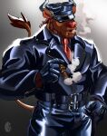 2024 abs anthro arm_hair arm_tuft armband beard belly_hair belt biceps biker biker_jacket blktigerart blowing_smoke bluf body_hair bottomwear bovid bovine brando_jacket bulge cattle cigar clothed clothing deltoids facial_hair gloves grey_background hand_on_hip handwear hat headgear headwear hi_res jacket leather leather_bottomwear leather_clothing leather_daddy leather_gloves leather_handwear leather_hat leather_headgear leather_headwear leather_jacket leather_pants leather_topwear looking_at_viewer male mammal manly mature_male muir_cap muscular pants simple_background smoking smoking_cigar solo topwear tuft wayde_macfarlane