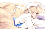  blonde_hair dress fox_tail hat japa long_sleeves looking_at_viewer lying multiple_tails on_stomach pillow pillow_hat smile solo tail touhou white_dress yakumo_ran yellow_eyes 