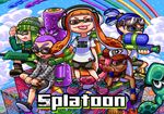  3girls baseball_cap beanie bike_shorts domino_mask fangs glasses goggles goggles_on_head hat ink_tank_(splatoon) inkbrush_(splatoon) inkling long_hair mask multiple_boys multiple_girls open_mouth paint_roller paintbrush pointy_ears rainbow shouyu_senbei splat_charger_(splatoon) splat_roller_(splatoon) splatoon_(series) splatoon_1 splattershot_(splatoon) squid super_soaker tentacle_hair tongue tongue_out 