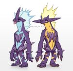 2022 3_fingers 3_toes ambiguous_gender anthro blue_body blue_countershading blue_markings countershading duo featureless_crotch feet fingers generation_8_pokemon half-closed_eyes horn looking_at_viewer markings multicolored_body narrowed_eyes nintendo pokemon pokemon_(species) pseudo_hair purple_body rotarr shaded signature simple_background spikes spikes_(anatomy) standing toes tongue tongue_out toxtricity two_tone_body watermark white_background yellow_body yellow_countershading yellow_markings