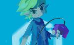  1boy black_eyes blue_background closed_mouth commentary commentary_request controller gamecube_controller green_hair holding holding_controller ktmr_mgmg link looking_at_viewer male_focus official_alternate_costume pointy_ears shirt short_hair smile solo the_legend_of_zelda the_legend_of_zelda:_the_wind_waker toon_link upper_body 