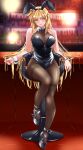  1girl alternate_costume animal_ears bar_(place) bar_chair bar_stool bare_shoulders black_bodysuit black_bow black_bowtie black_leotard black_shoes blonde_hair blush bodystocking bodysuit bodysuit_under_clothes bow bowtie breasts cleavage commentary_request counter detached_collar elbow_rest fake_animal_ears fate_testarossa full_body high_heels highleg highleg_leotard highres holding holding_key indoors key large_breasts leotard long_hair looking_at_viewer lyrical_nanoha mahou_shoujo_lyrical_nanoha nail_polish parted_lips playboy_bunny rabbit_ears red_eyes red_nails shoes sitting sleeveless sleeveless_bodystocking sleeveless_bodysuit solo sougetsu_izuki stool strapless strapless_leotard traditional_bowtie very_long_hair white_wrist_cuffs wrist_cuffs 