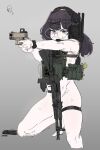  1girl assault_rifle bottomless closed_mouth commentary_request convenient_censoring ear_protection glasses gradient_background grey_background gun handgun highres holding holding_gun holding_weapon korean_commentary load_bearing_vest long_hair naked_vest original purple_hair rifle samsick shell_casing skindentation solo sweat sweatdrop thigh_strap vest watch weapon weapon_request wristwatch 