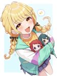  1girl black_bow blonde_hair blue_skirt blush bow braid chibigurumi commentary_request fang fujita_kotone gakuen_idolmaster hair_bow hanami_saki highres hugging_doll hugging_object idolmaster jacket long_hair looking_at_viewer multicolored_jacket musical_note pleated_skirt sakura_ran simple_background skin_fang skirt smile solo spoken_musical_note tsukimura_temari twin_braids white_background yellow_eyes 